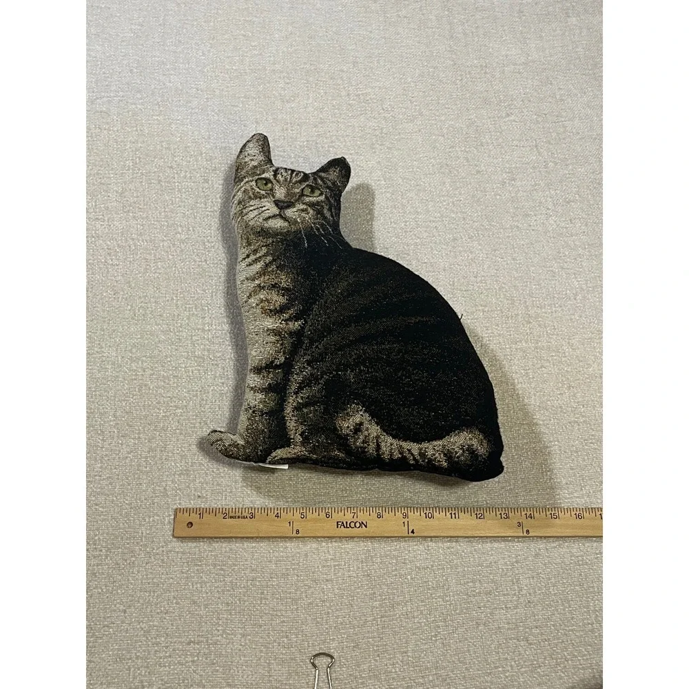 Vintage Tabby Cat Tapestry Shaped Throw Pillow Brown Black Feline Decor 11.5